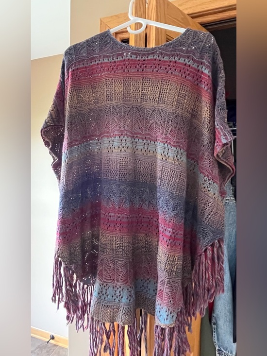 Adore Sweaters - Adore Multicolor Knit Fringe Poncho Sweater Striped Pullover Women L Boho